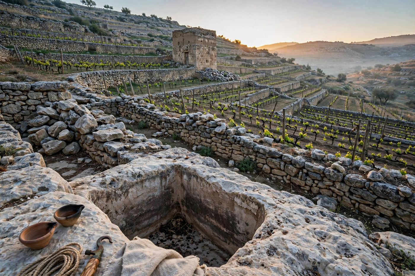 "Everything verse 2 lists, built before a single grape existed: terraces, tower, and a winepress hewn out of rock. (Created image.)"
