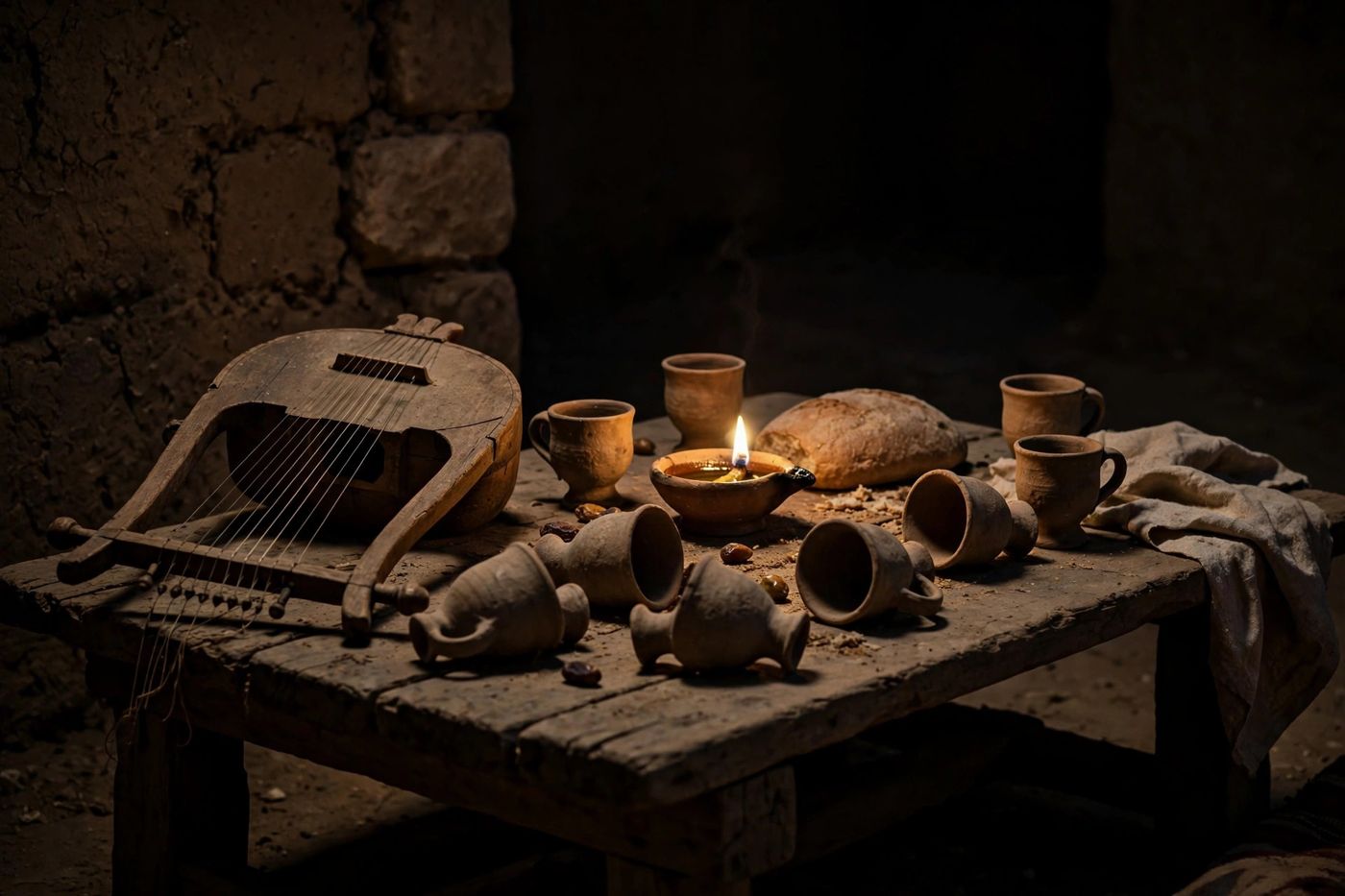 "The feast of verses 11–12, after: full cups emptied, the music set down — and the work of the LORD unregarded. (Created image.)"