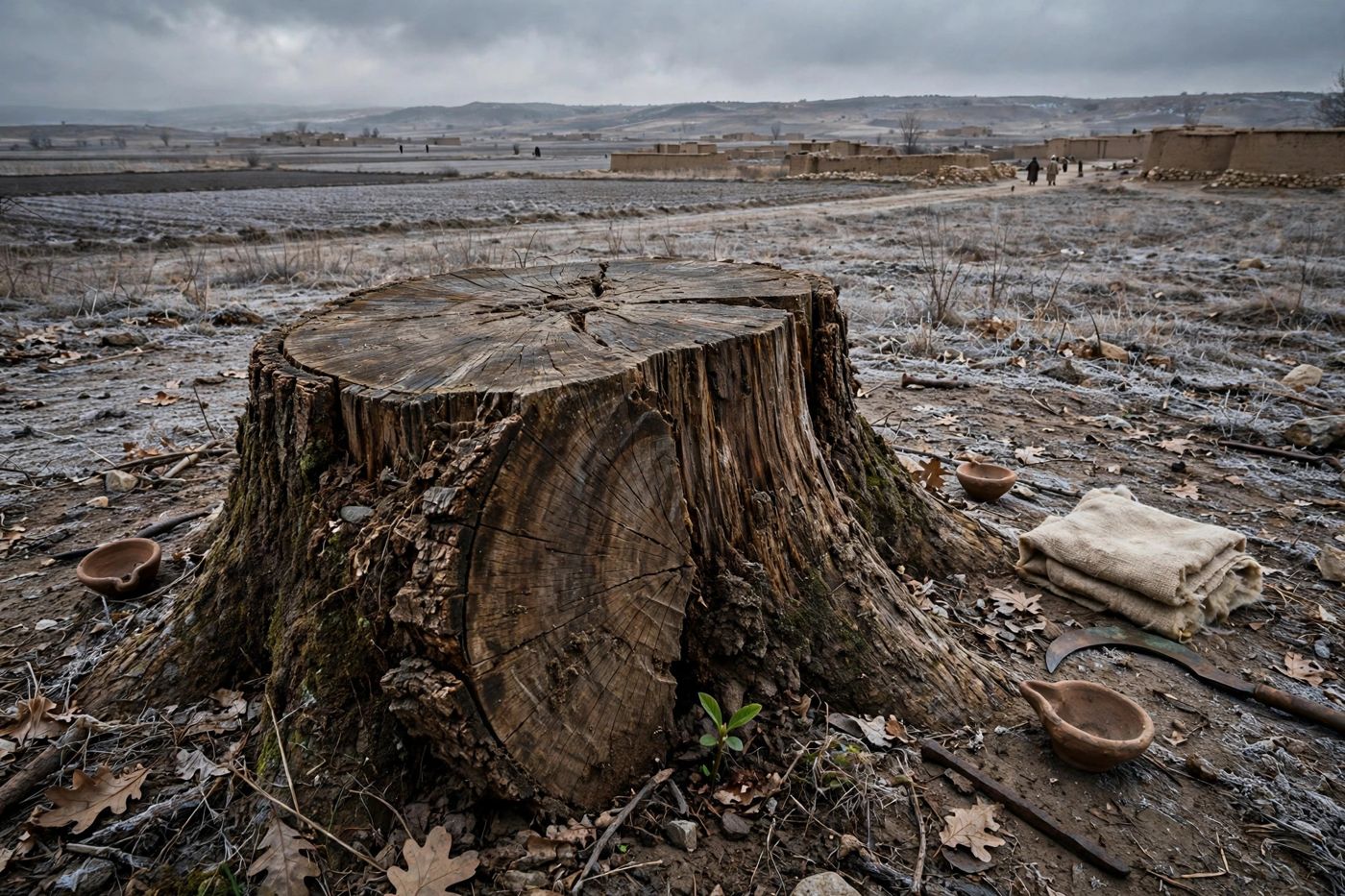 "Felled, leafless, apparently finished — and carrying its substance in the stump. One green shoot: judgment is not the end of the story. (Cr