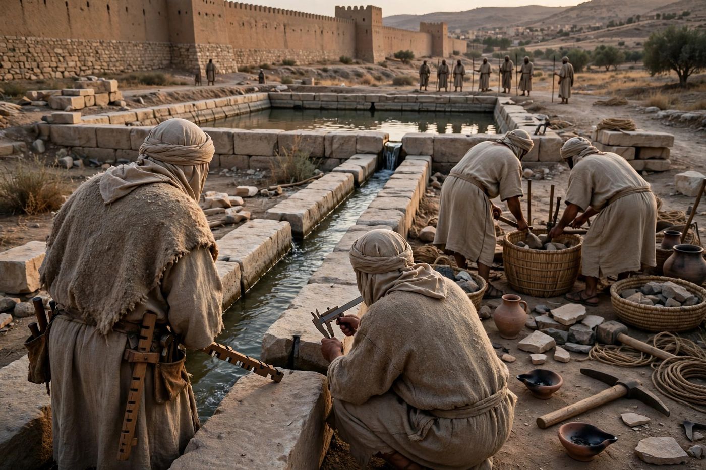 "At the conduit of the upper pool — a king checking his water before a siege, met by a prophet and a boy whose name preached. (Created image