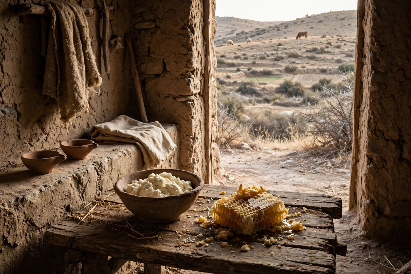"Curds and honey — the diet of the sign-child, and of everyone left in the land: plenty, because the land was emptied. (Created image.)"