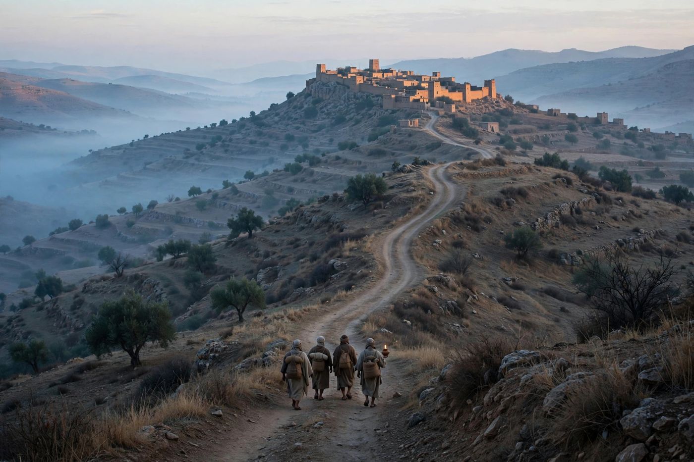 "'The remnant shall return, even the remnant of Jacob, unto the mighty God' — few, on foot, at dawn, going home. (Created image.)"