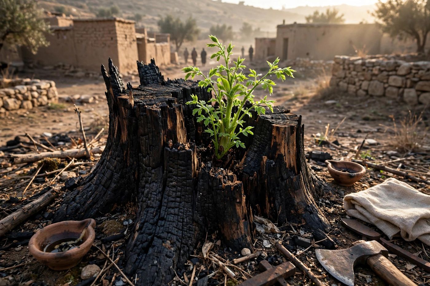 "After the forest is felled, life out of the stump: a rod out of the stem of Jesse. (Created image.)"