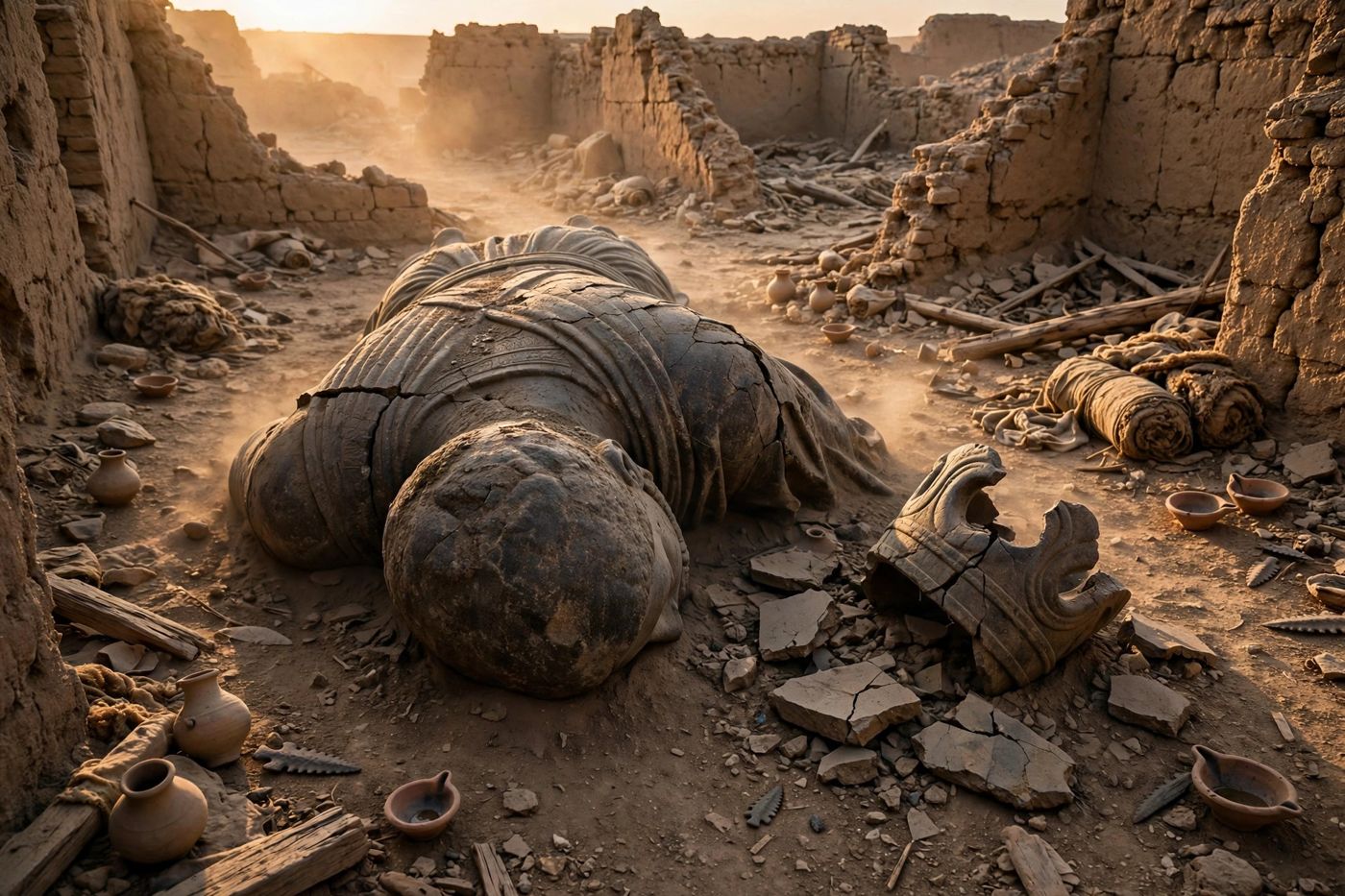 "The pomp brought down: a colossal king in the dust of his own court, his crown off in the rubble. (Created image.)"