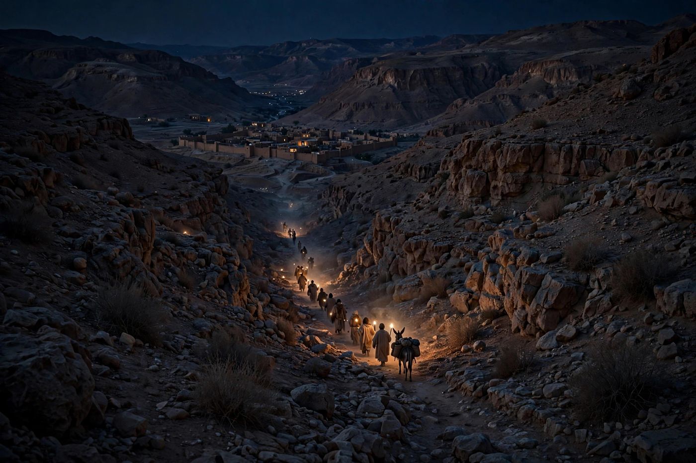 "Moab's fugitives fleeing by night toward Zoar, weeping up the ascent of Luhith (15:5). (Created image.)"