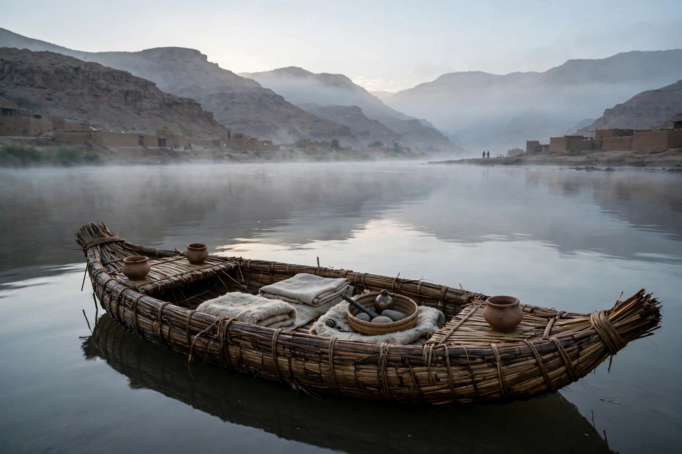 "Ambassadors by sea in vessels of bulrushes (18:2) — and over the river, a God in no hurry at all. (Created image.)"