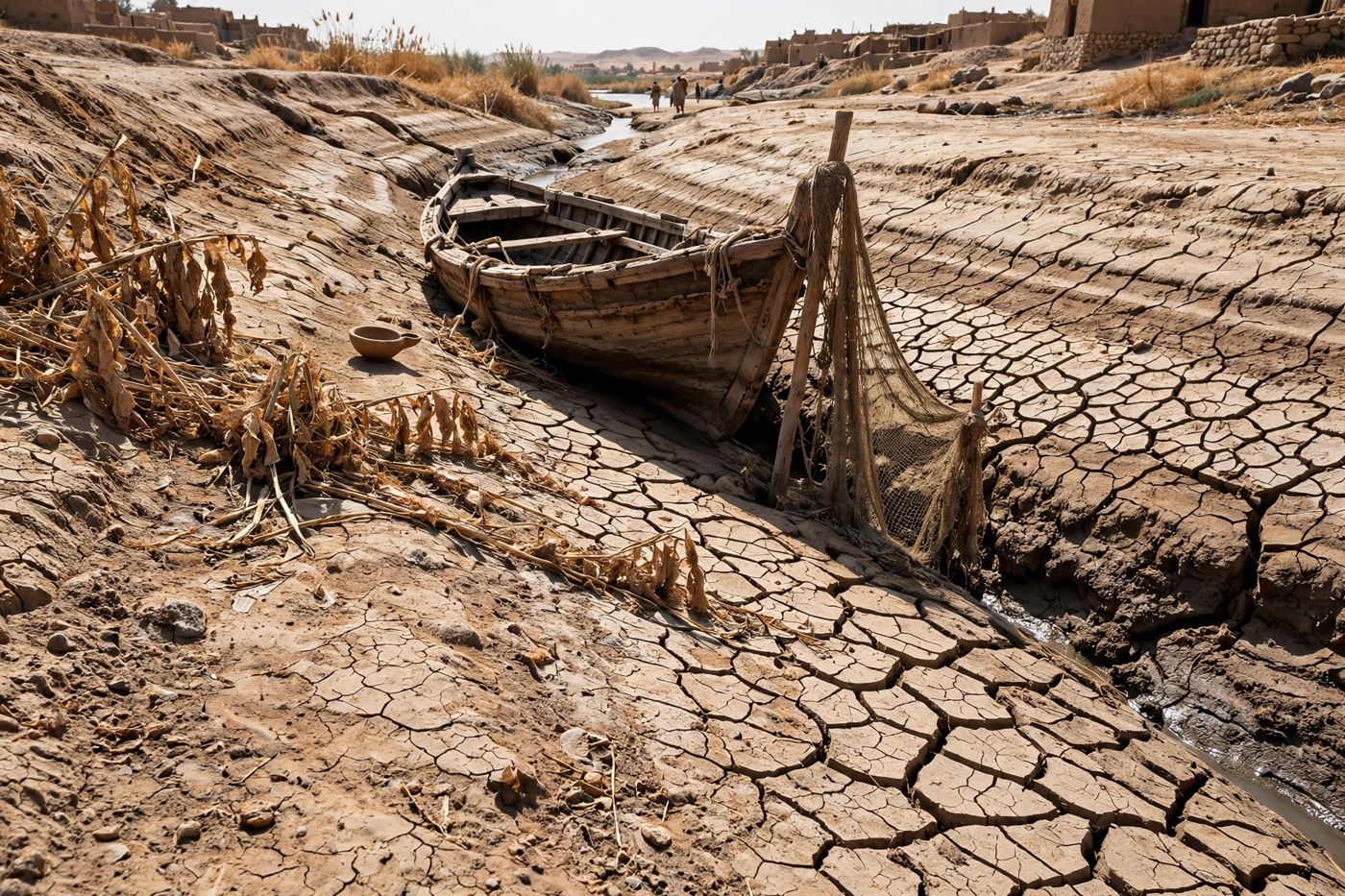"When the river failed, everything failed — fish, flax, trade, and the gods of the river with them (19:5–8). (Created image.)"