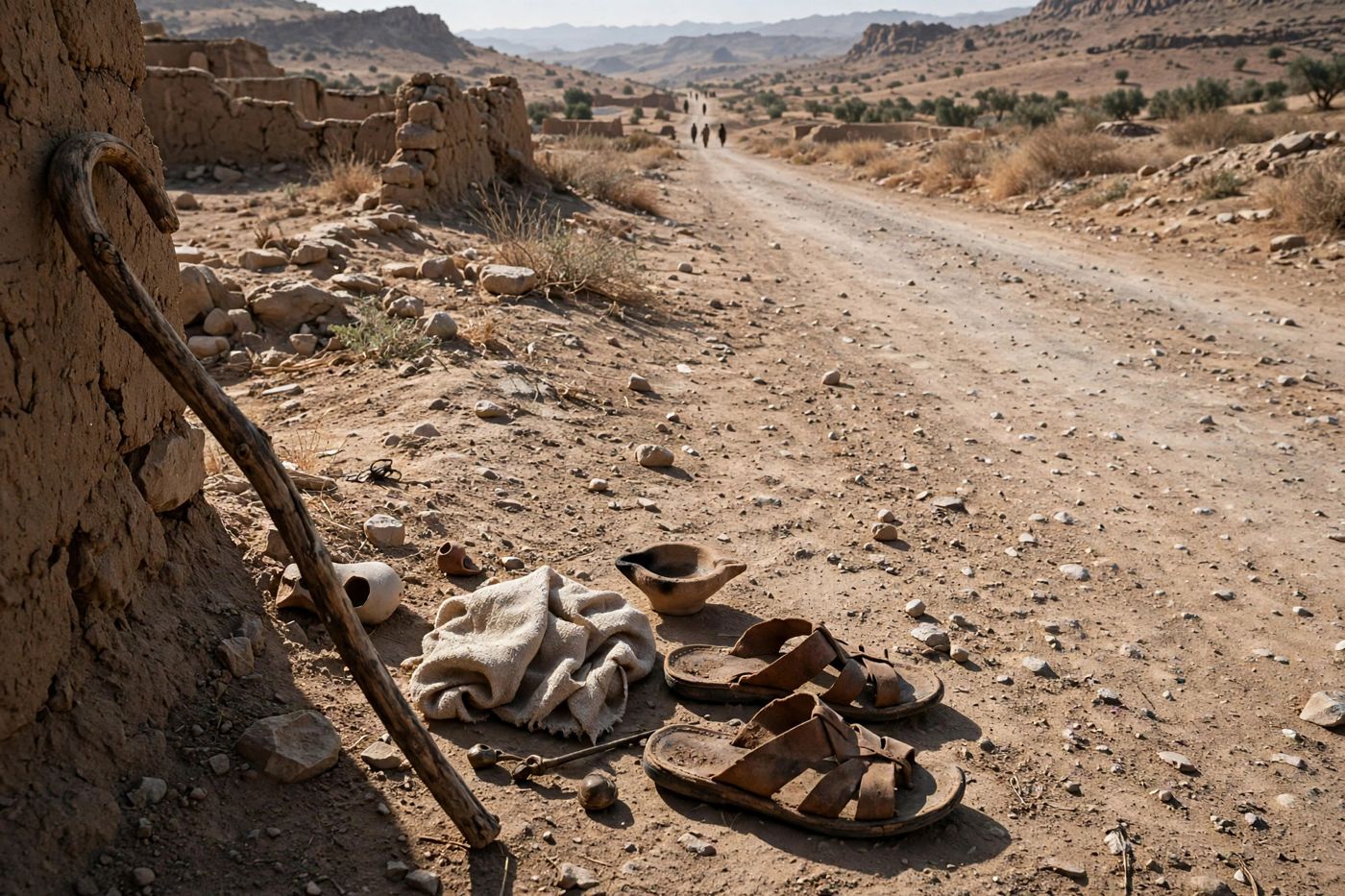 "Chapter 20's sign, evoked by what it left behind: three years of a prophet's dignity, spent on the road as a sermon (20:2–3). (Created imag