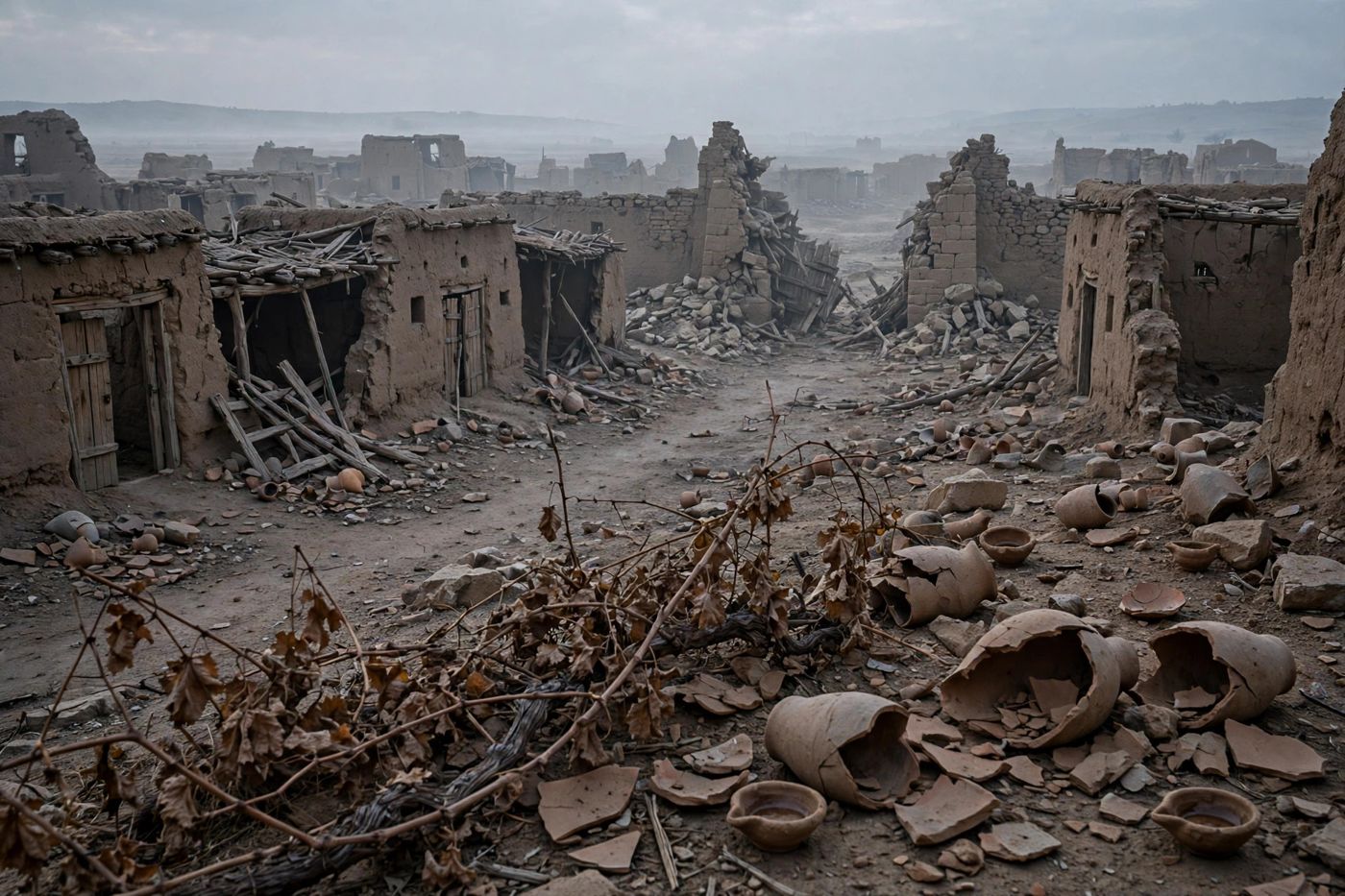 "The city of confusion broken down, the mirth of the land gone (Isaiah 24:10–12). (Created image.)"