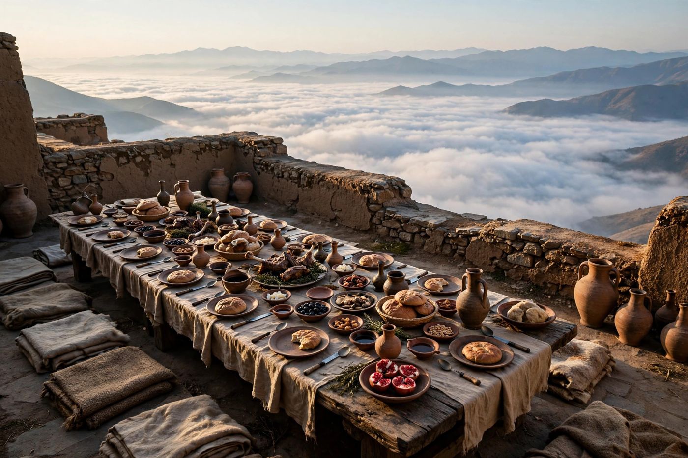 "A feast of fat things, of wines on the lees well refined — made unto all people in this mountain (Isaiah 25:6). (Created image.)"