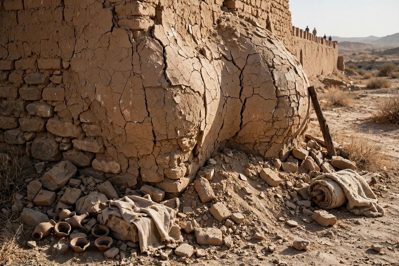 "A breach ready to fall, swelling out in a high wall — whose breaking cometh suddenly at an instant (30:13). (Created image.)"