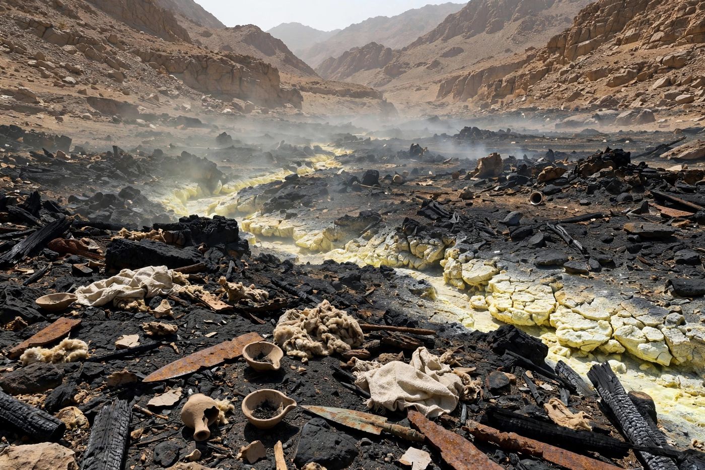 "Streams turned to pitch, dust to brimstone — Edom's valley under sentence, a located ruin and not an abstraction (Isaiah 34:9–10). (Created