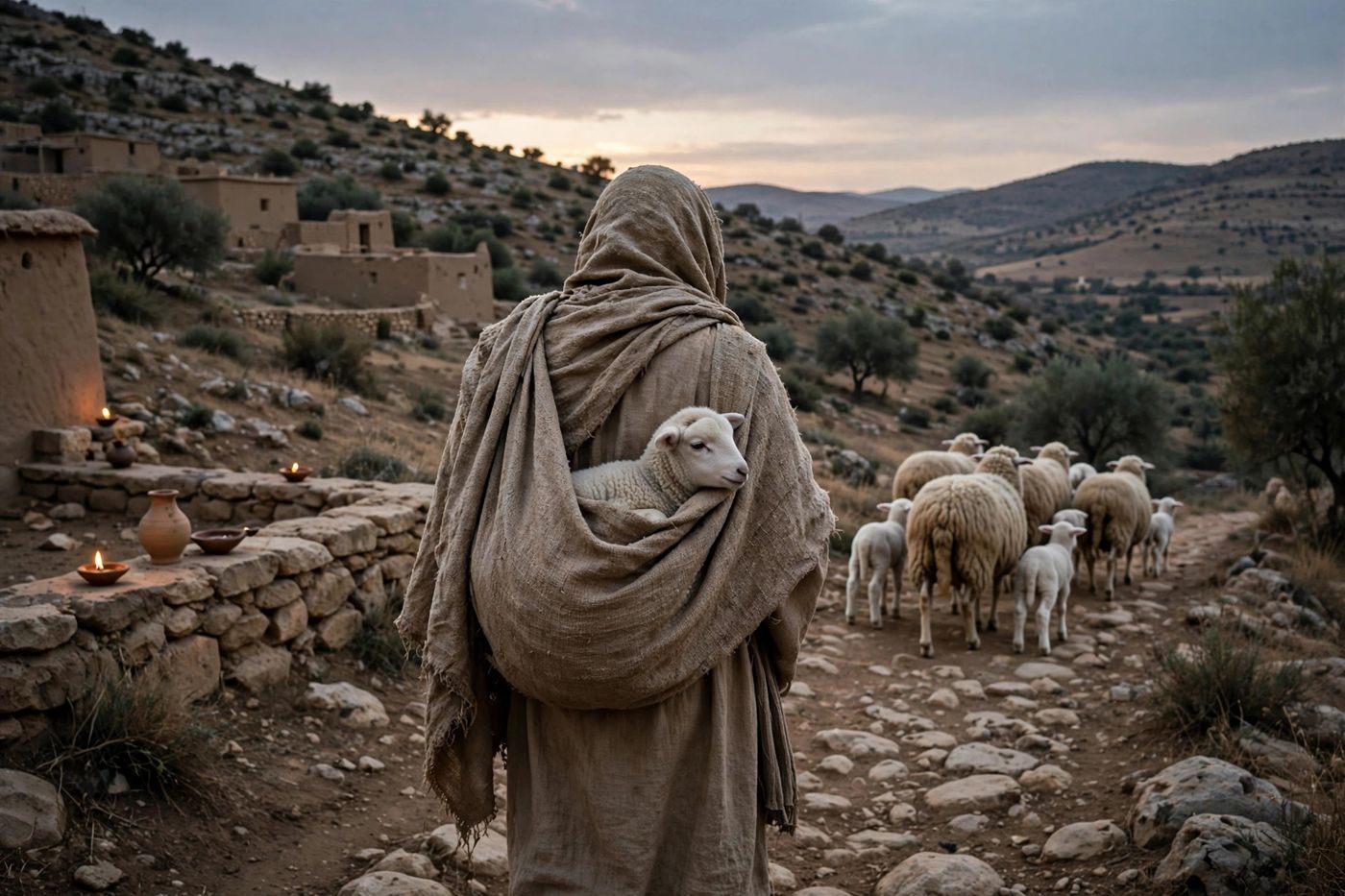 "He shall gather the lambs with his arm, and carry them in his bosom, and shall gently lead those that are with young. (Created image.)"