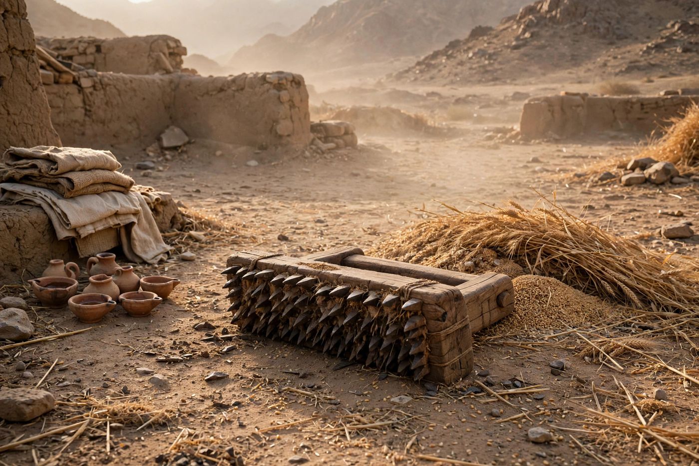 "A threshing sledge dragged over grain to cut the stalks and free the kernels. God promises to make 'thou worm Jacob' into a new, sharp one