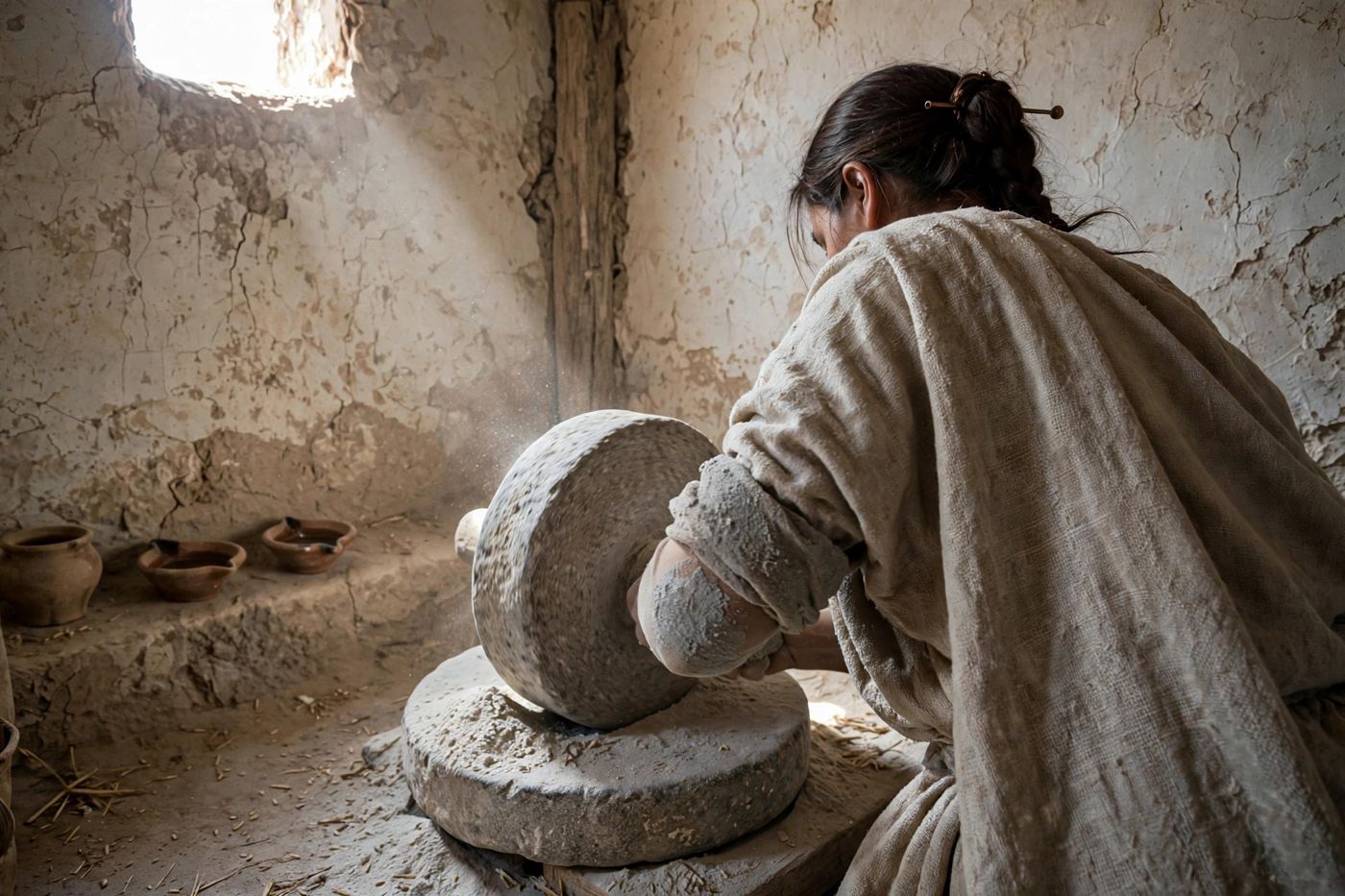 "Take the millstones, and grind meal" — the lady of kingdoms at a slave's work. (47:2) (Created image.)"