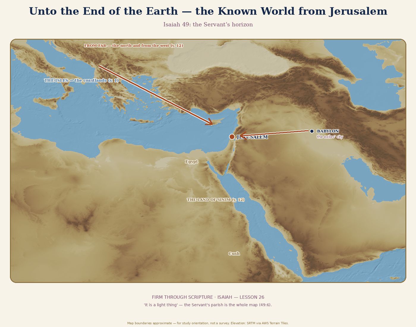 Unto the End of the Earth — the known world from Jerusalem (Isaiah 49).