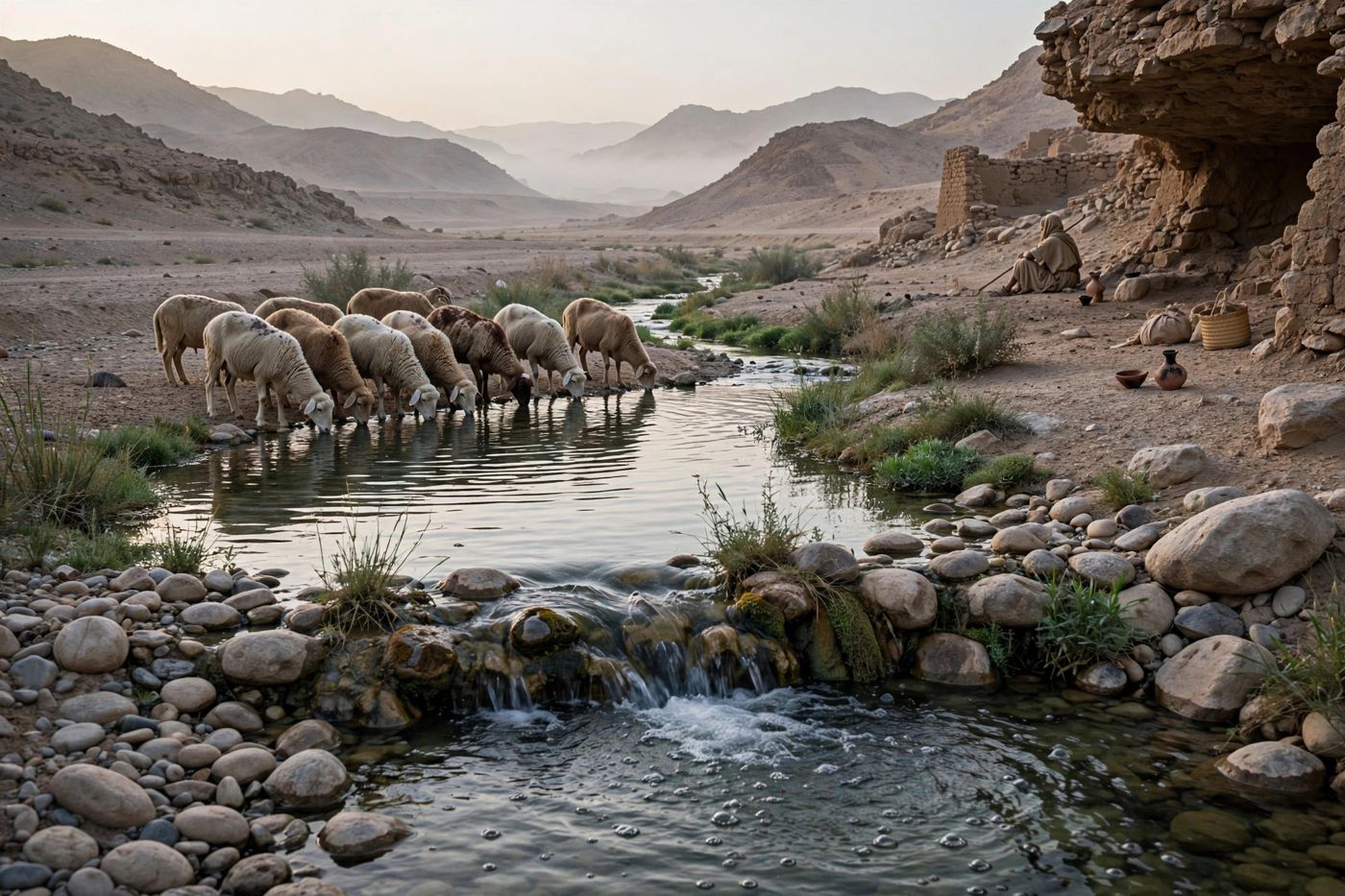 "By the springs of water shall he guide them — the gentled exodus: mercy leading, all the way home. (Created image.)"