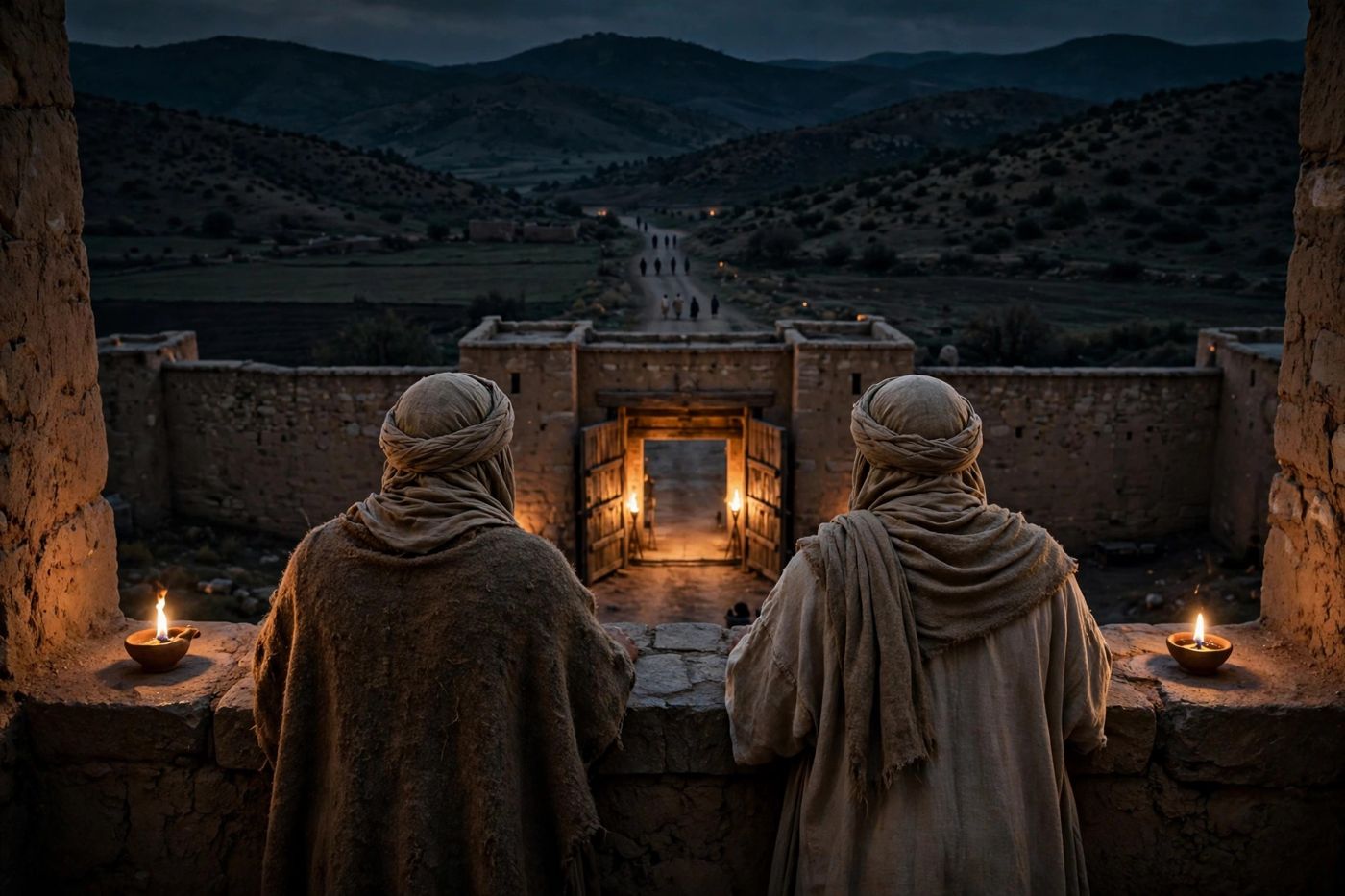 "Watchmen on the walls, giving Him no rest — lamps lit, gates open, promise in hand (62:6–7). (Created image.)"