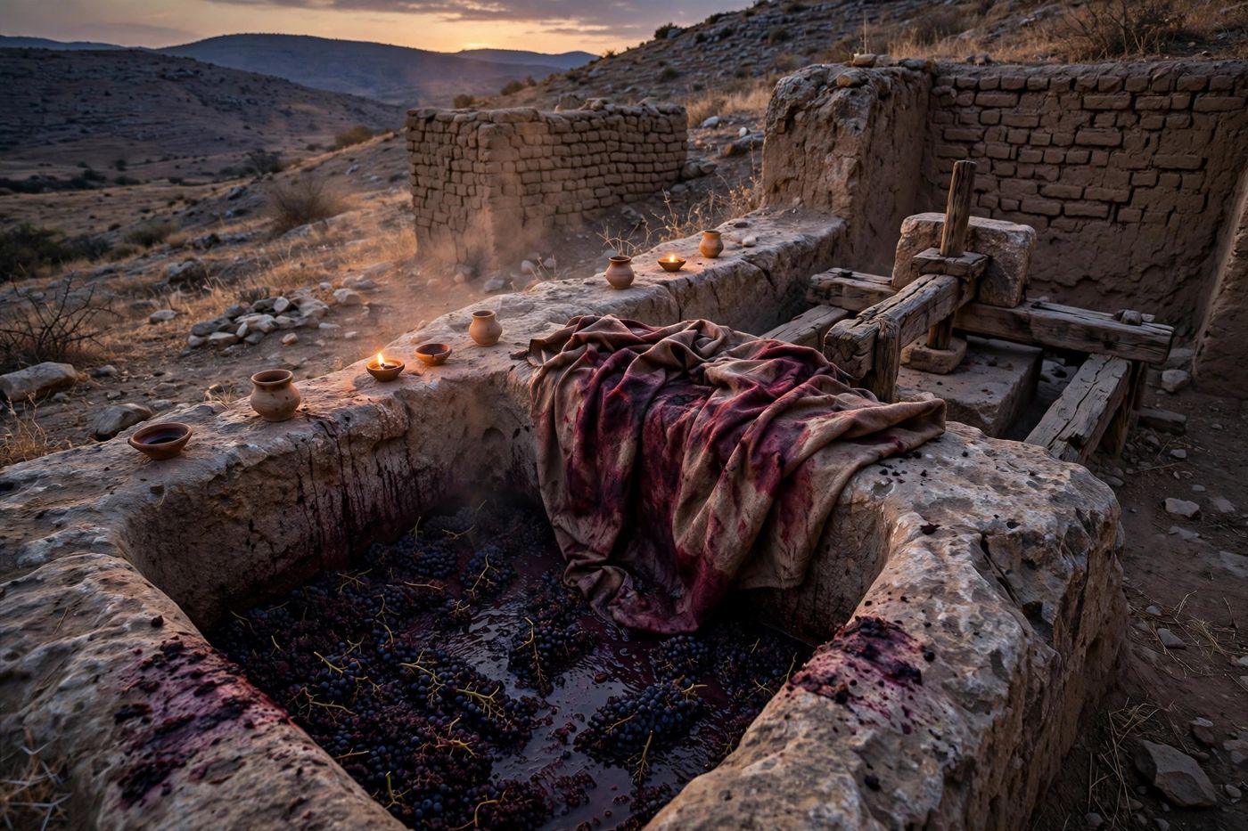 "A lone winepress at dusk. 'I have trodden the winepress alone; and of the people there was none with me.' — the garment and the press, and